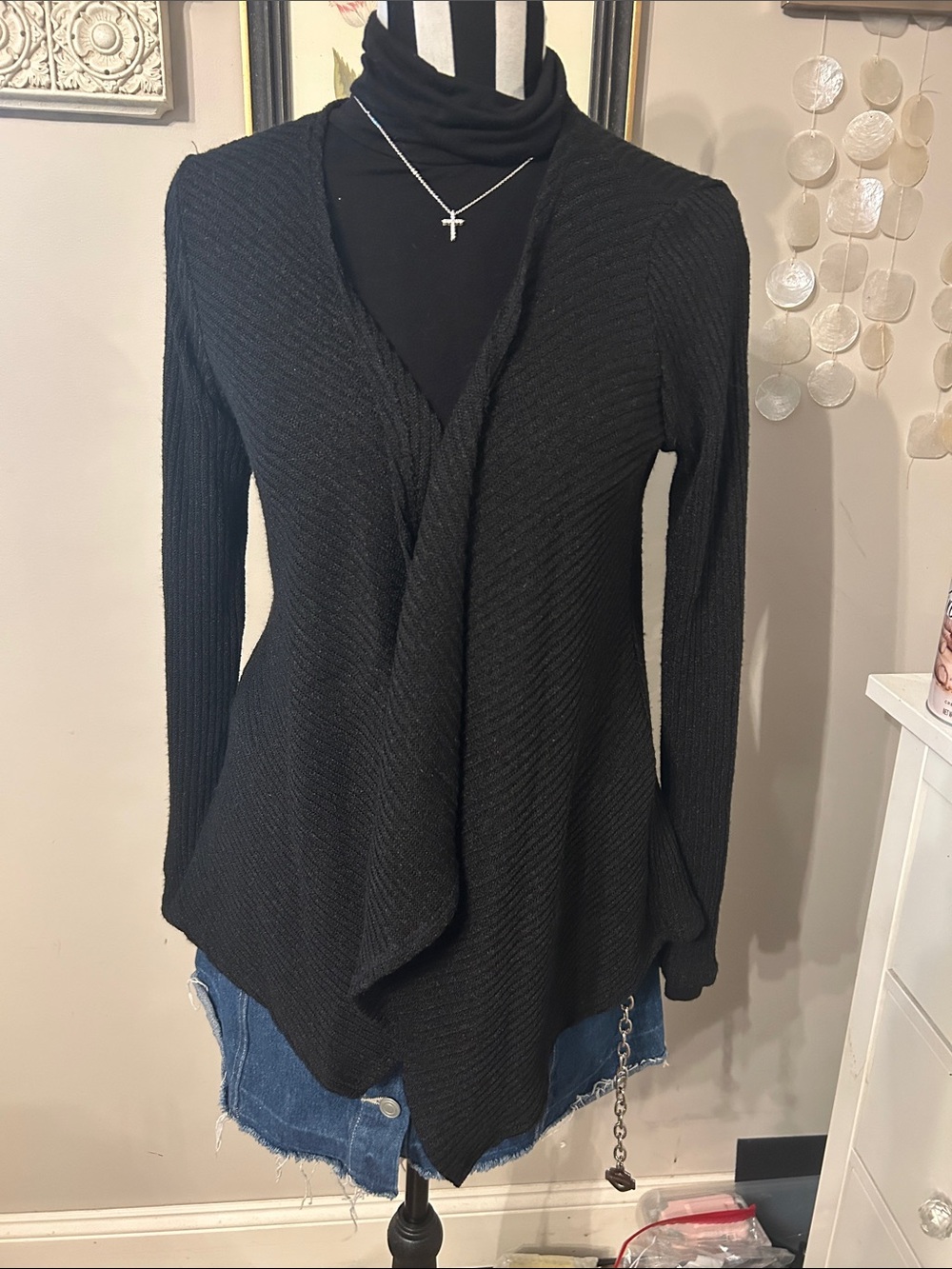 Bar III Black Open-Front Draped Cardigan Sweater - Women